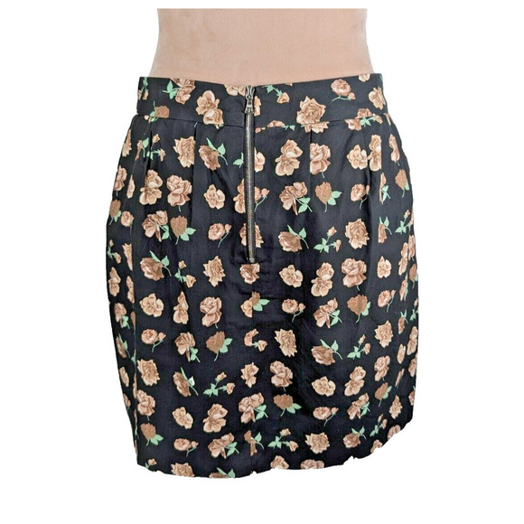 THAKOON Ruched Front Silk Floral Rose Black Brown Mini Skirt Sz 6 Retro - Picture 3 of 12